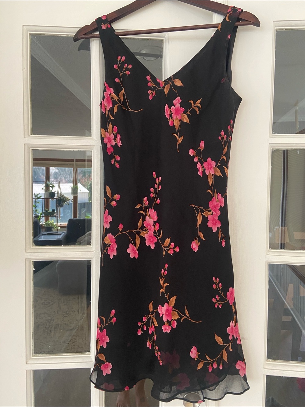 Vintage Jones New York Black Floral Silk Slip Dress with Pink Flower Blossoms
